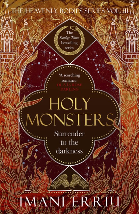 Couverture du livre 'Holy Monsters' avec des tons orange et rouge enflammés, des lettres dorées et une silhouette de bâtiment.
