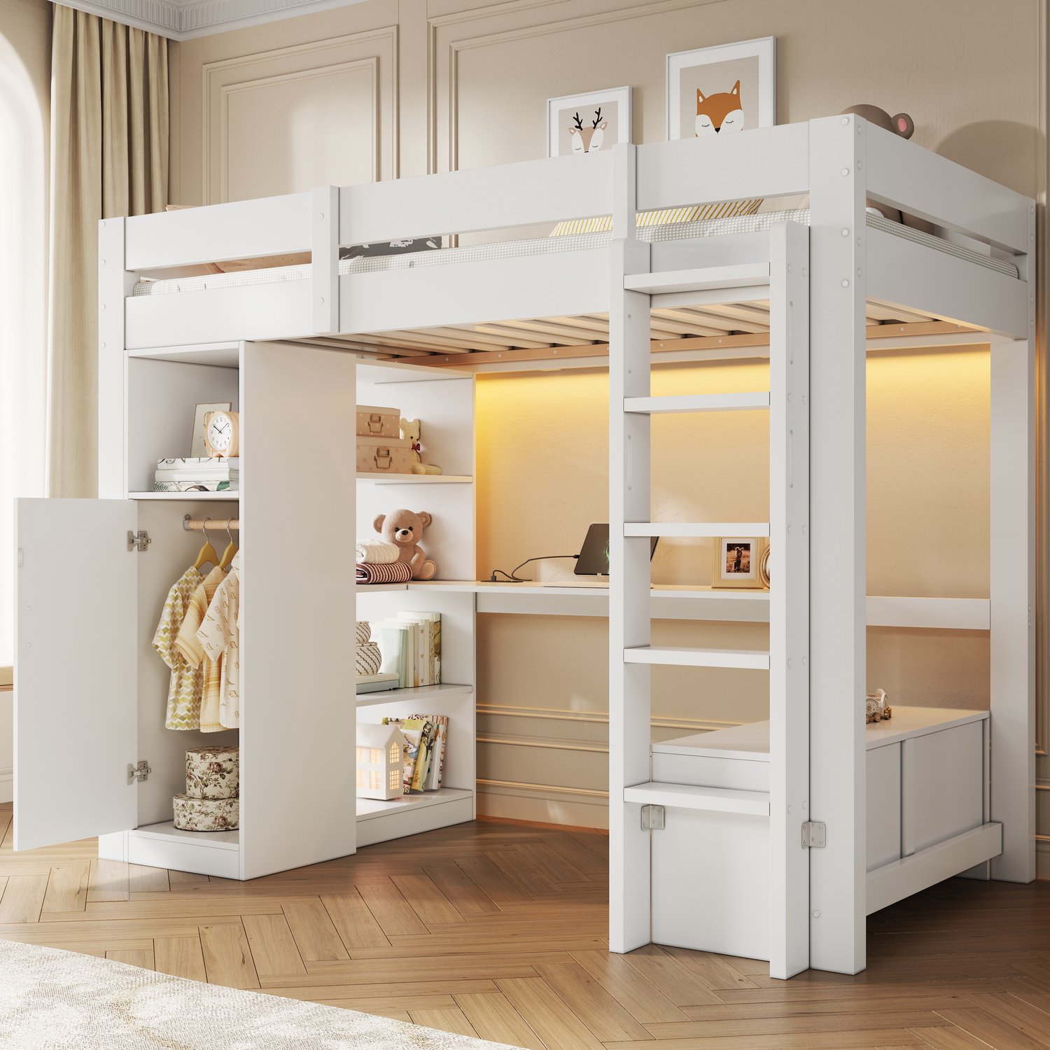 MUVANO Hoogslaper 90x200 met bureau - kledingkast - planken en lades - LED-verlichting - USB-aansluiting - witte hoogslaper voor kleine ruimtes