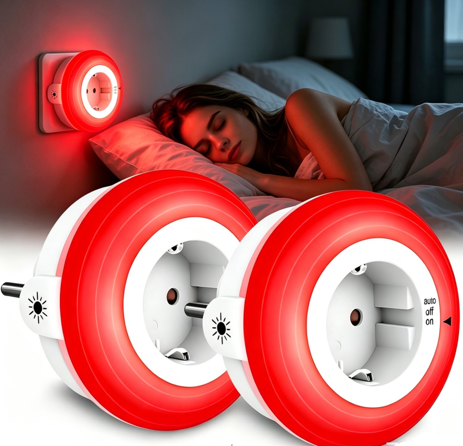 2 Stuks Rode Stopcontact Nachtlampje | Dimbaar, 670nm Slaaplicht met Schemersensor & 3 Helderheidsniveaus | Auto Aan/Uit | Rood Nachtlampje voor Babykamer & Slaapkamer