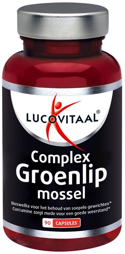 Een pot met lucovitaal complex groenlip mossel capsules. Voor soepele gewrichten.
