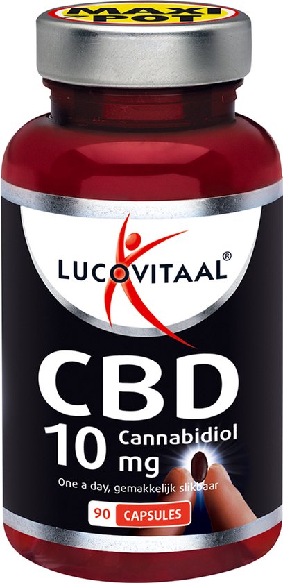 Donkerrode pot met zilverkleurige dop. Het label toont 'LUCOVITAAL CBD 10 mg Cannabidiol' en een capsule.