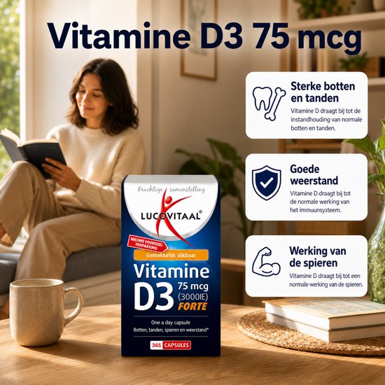 Een vrouw leest een boek met een kopje koffie. Op de tafel staat een doos met Lucovitaal Vitamine D3 Forte 75 mcg, 365 capsules.