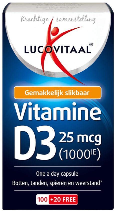 Lucovitaal Vitamine D3 25 mcg (1000IE) 120 capsules, met "Krachtige samenstelling" en "Gemakkelijk slikbaar" logo's.