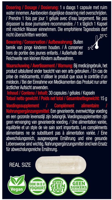 Wit capsule met opdruk 'BEVAT YOGHURT', 'GEEN ZOUT', 'GEEN SUIKERS'. Buiten bereik van jonge kinderen houden.