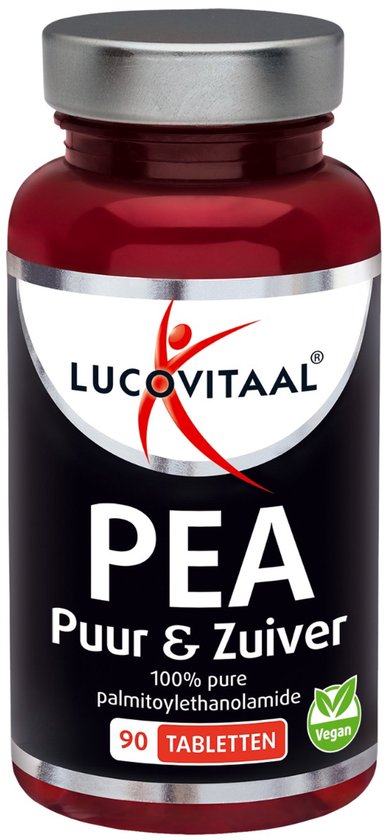 Fles PEA Puur & Zuiver met 90 tabletten, 100% pure palmitoylethanolamide, vegan.