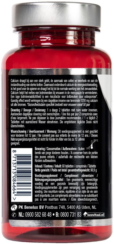Calcium supplement informatie, 60 tabletten. Gebruiksadvies, waarschuwingen en allergeeninformatie voor kinderen en volwassenen. Productiedatum 2026.