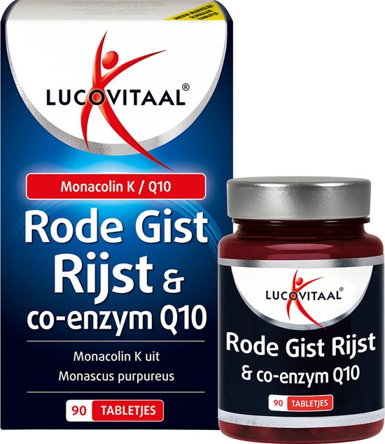 Lucovitaal Rode Gist Rijst & co-enzym Q10 verpakking en potje met 90 tabletten.