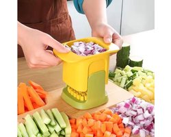 Groentesnijder en -blokjessnijder, geel en groen, voor het snel snijden van groente en fruit
