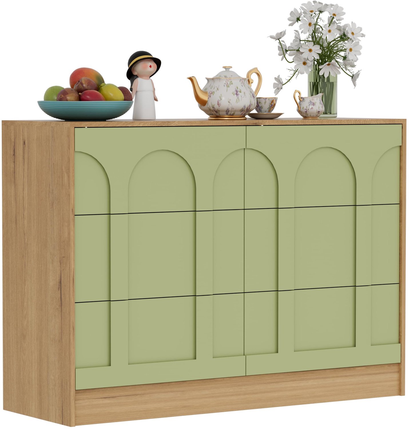 UEV Commode met 6 lades, modern design met gebogen patroon, opbergkast, ladeblok, dressoir, buffetkast, archiefkast, kledingkast voor woonkamer, slaapkamer, hal, 100x34x72 cm, groen