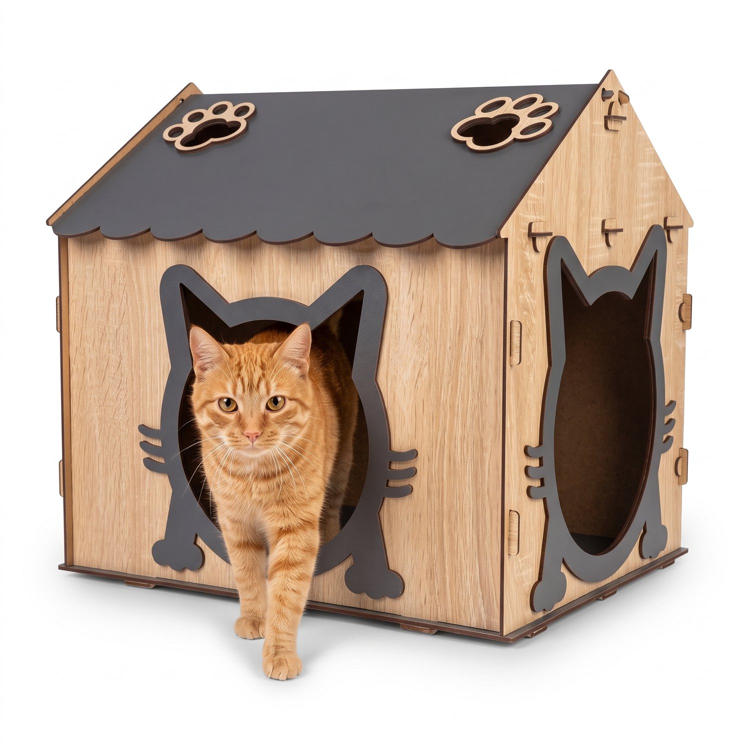 Jungengel Kattenhuisje Binnen Hout-Antraciet - Kattenhuis met 2 Ingangen en Dak Opbergruimte - Katten Huisje Kattenmeubel Kattenhok Kattenmand Kattenhuizen Speelhuis - Rustplek Slaapplaats - 37,5 x 42 x 40 cm