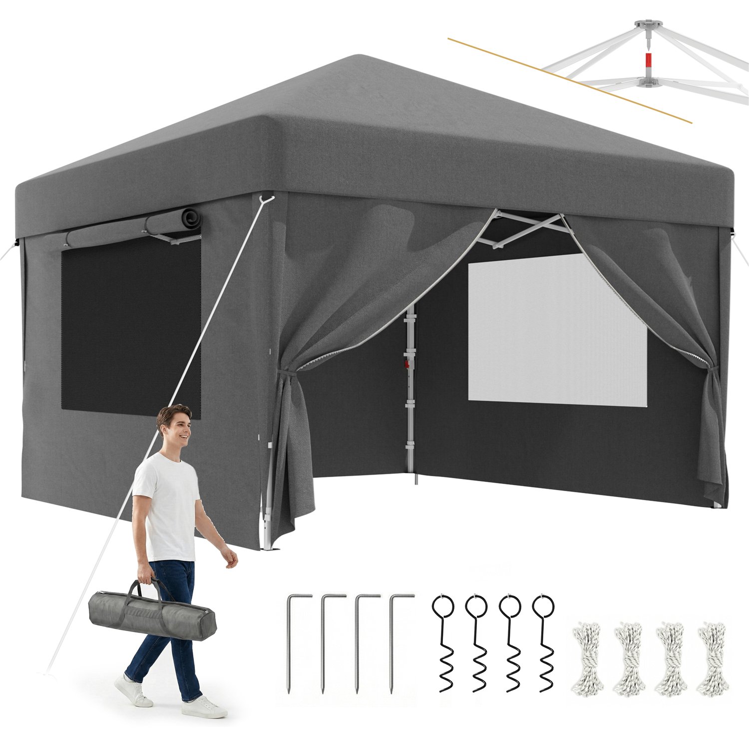 Devoko partytent–opvouwbaar tuinpaviljoen 3x3–pop-up tuinpaviljoen in 20 sec–waterdicht & UV-bestendig–met een horraam-met opbergtas–4 zijwanden–Grijs