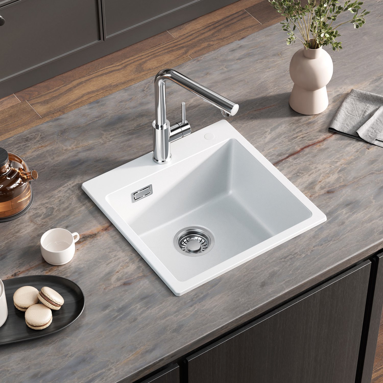 CECIPA Max Spoelbak Keuken 45x45cm - Granieten Gootsteen Wit - Composiet Spoelbak - Enkele Wasbak Met Kraangat - Inclusief Sifon
