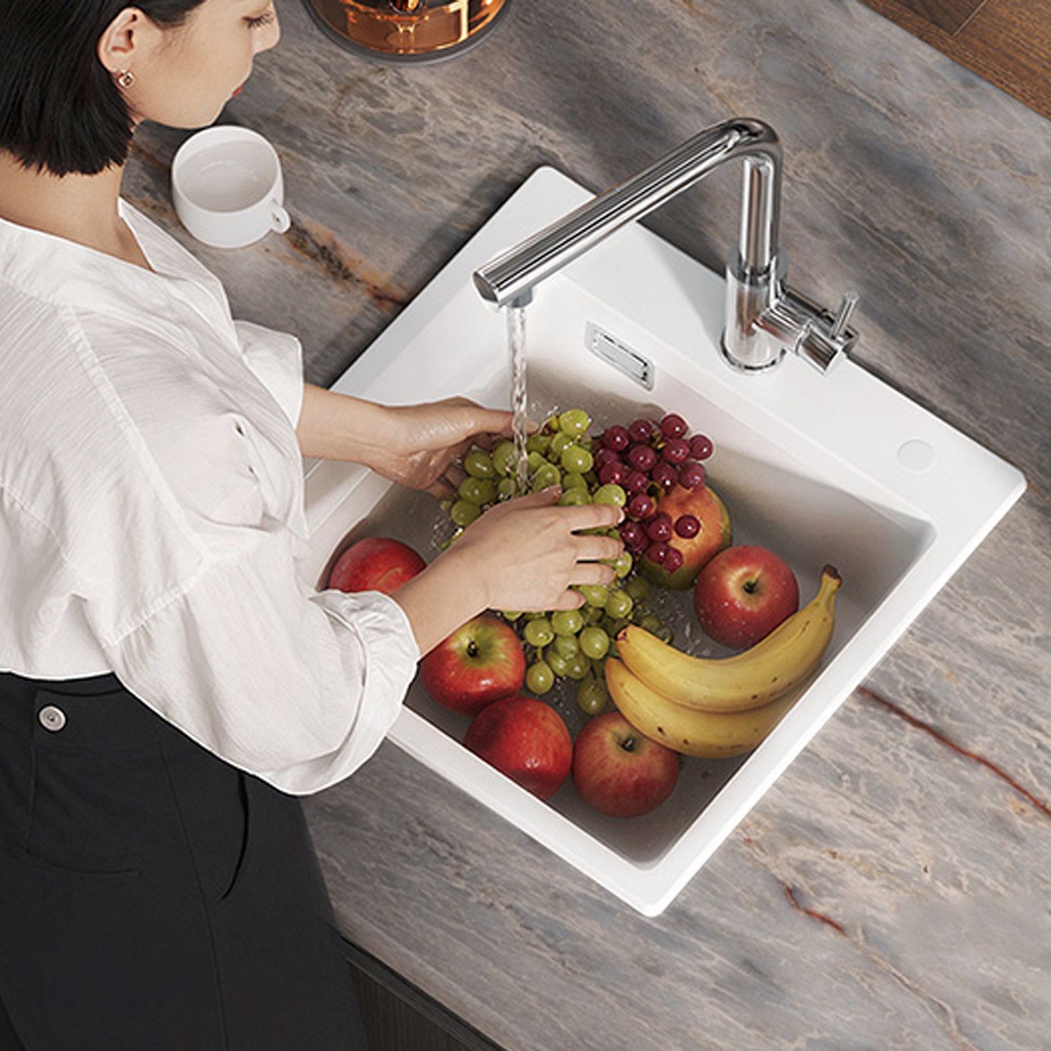 CECIPA Max Luxe Spoelbak Wit 45x45cm - Graniet Spoelbakken Keuken - Enkele Spoelbak - Spoelbakken Incl. Sifon en Afvoerzeefje