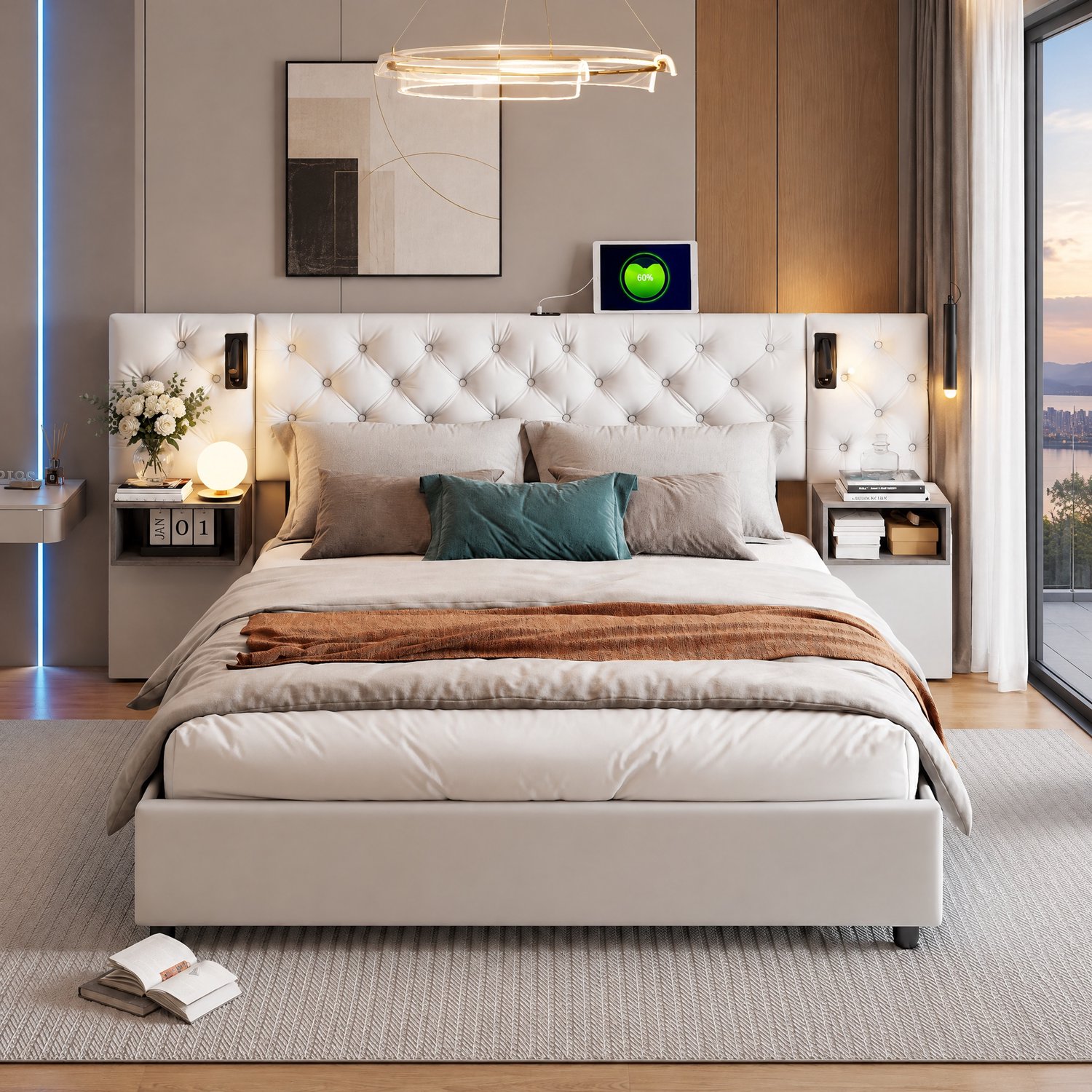 MEXUS Opbergbed 140x200 cm met gewatteerd hoofdeinde en 2 opbergvakken, USB- en Type-C-aansluiting, Tweepersoonsbed met lattenbodem, Bedframe voor volwassenen en tieners, fluweel Beige