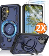 Magsafe Hoesje Geschikt voor Samsung Galaxy A18 / A17 5G / hoesje Navy backcover met Met Draaibare Ring Houder en camera bescherming + Samsung A18 Screenprotector 2 pack