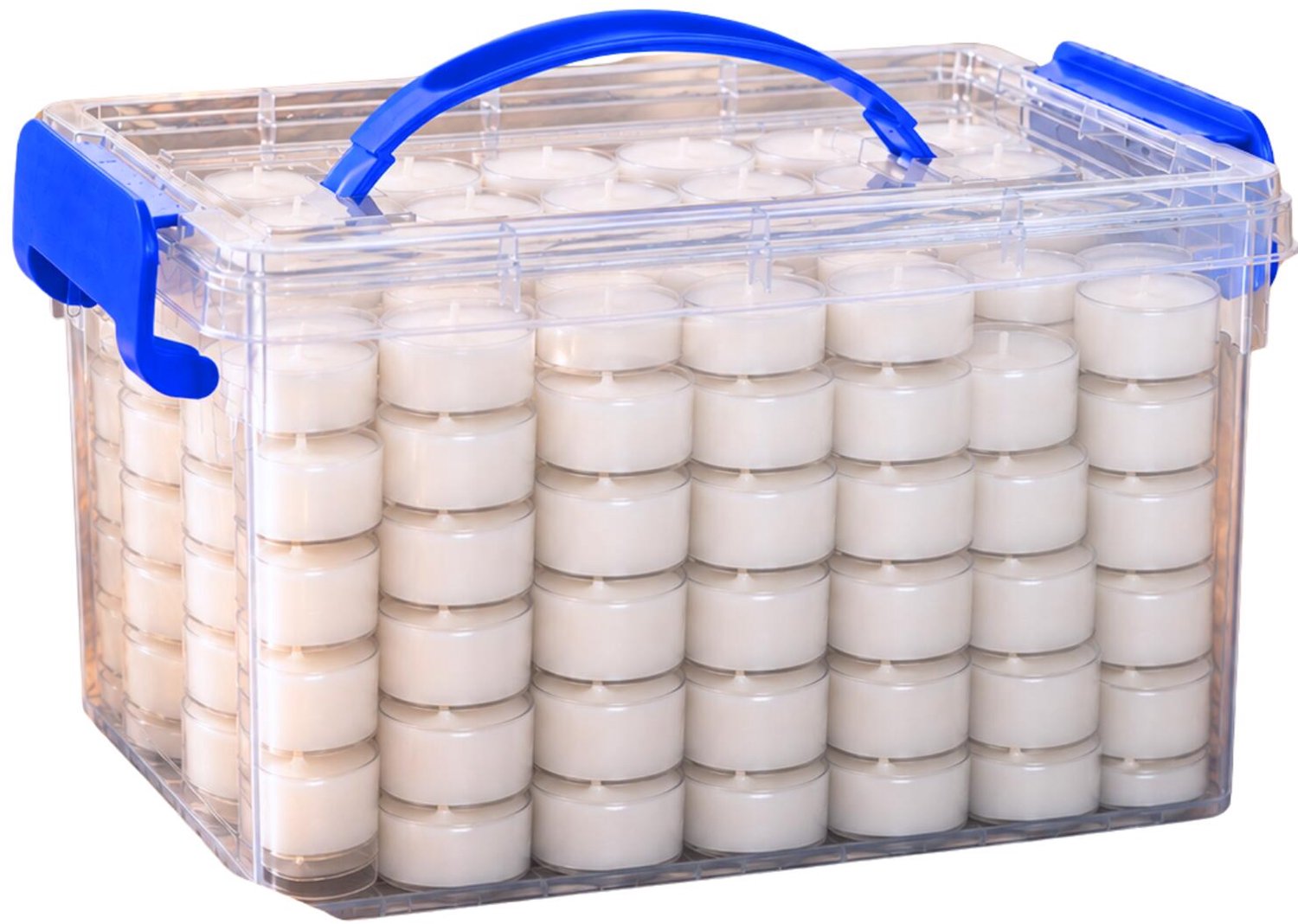 SPAAS Voordeelbox gevuld met waxinelichtjes - 200x - wit - 4.5 branduur - kunststof box met oppak hengsel - inhoud 6 Liter Creme