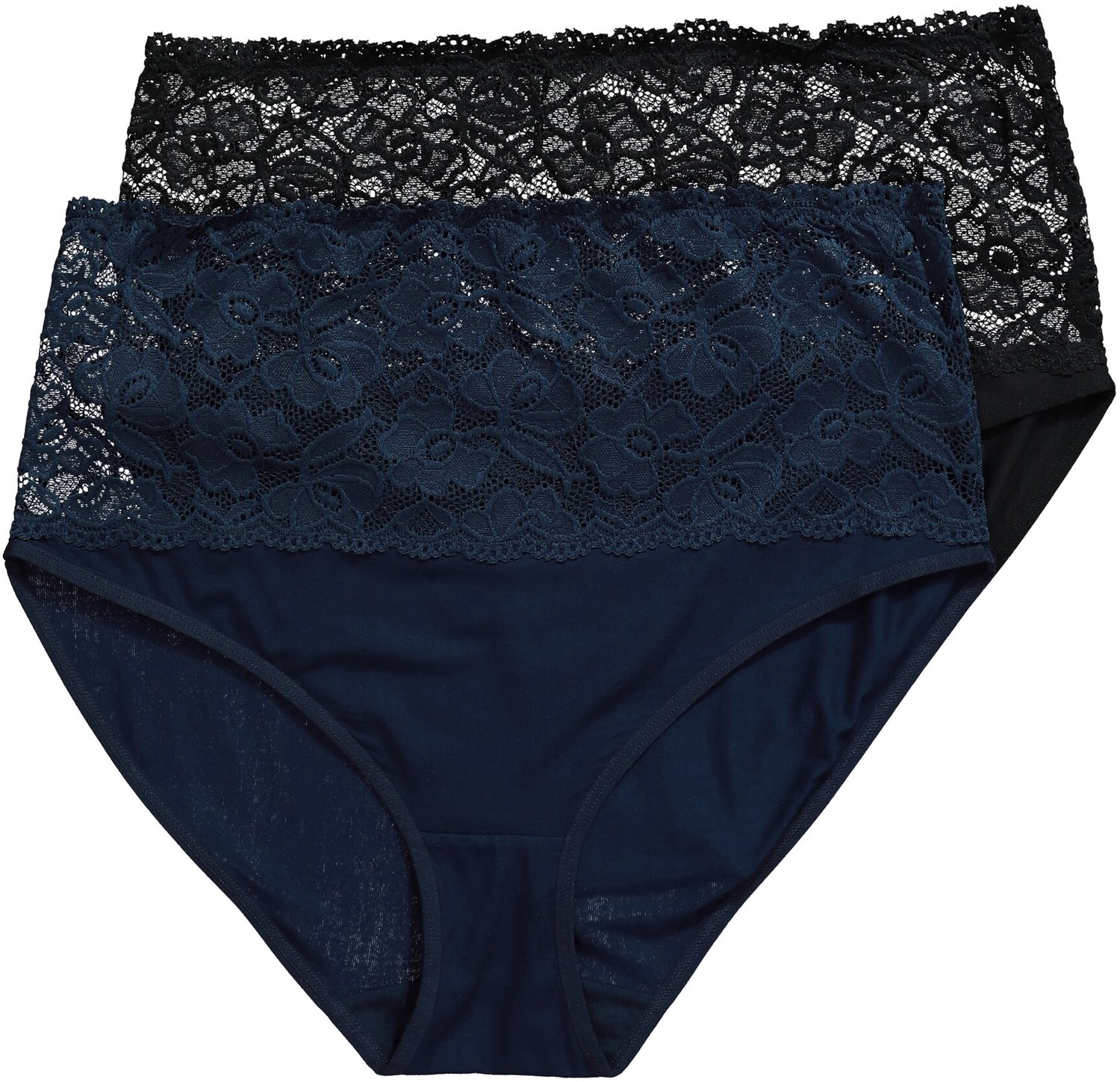 Ulla Popken - Dames - Midislips set van 2 brede kanten tailleband - Zwart - Maat 46+