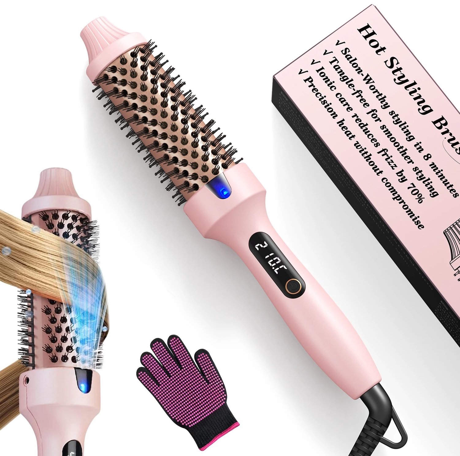 Cherrys Finds - Thermische Borstel - Stijlborstel - Keramische Toermalijn Krulborstel - Warmteborstel - Warmte Borstel Keramisch - Dual Voltage - Voor Losse en Volumineuze Krullen - 6 Warmte Standen - Roze