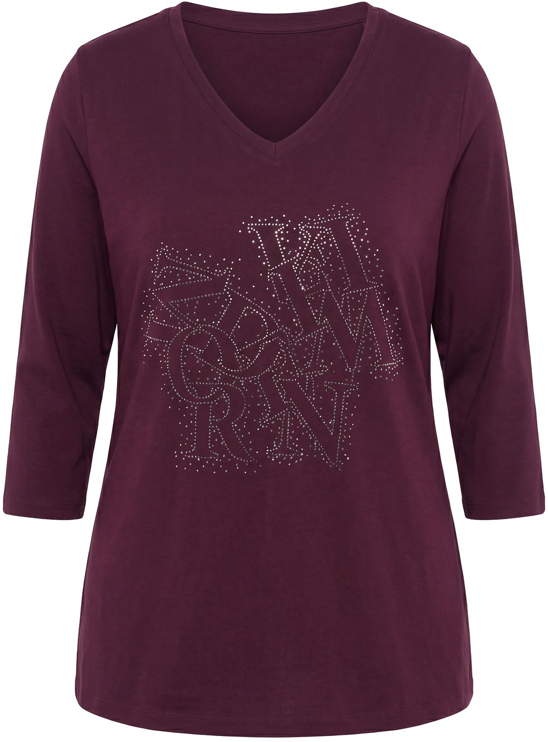 Ulla Popken - Dames - Shirt siersteentjes Classic V-hals 3/4-mouwen - Wijnrood - Maat 42+