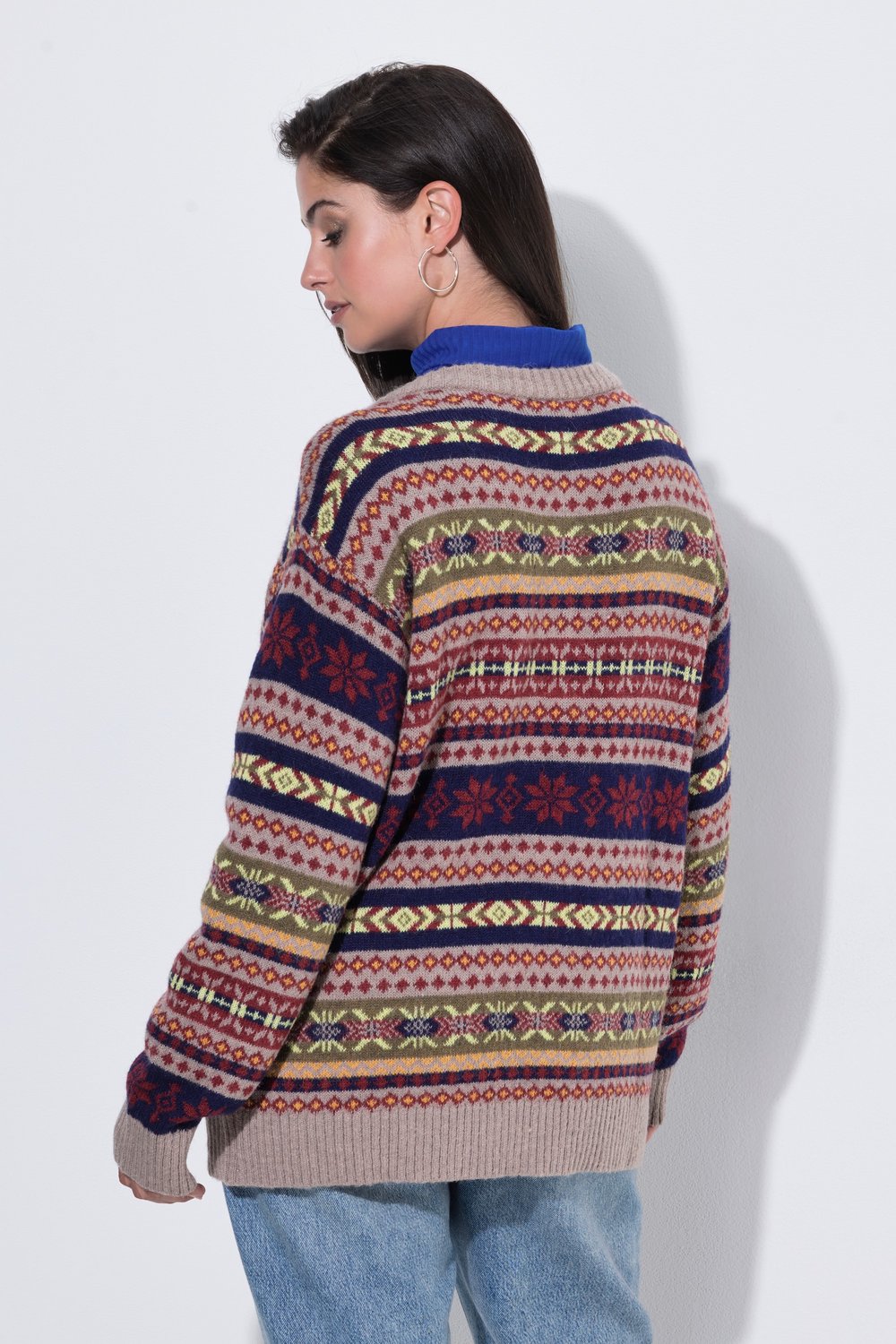 Ulla Popken - Dames - Vest Noors patroon ronde hals lange mouwen - Donkerkaki - Maat 50+