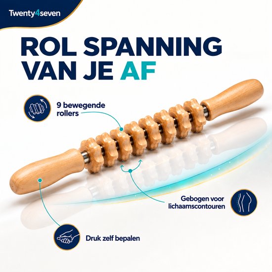 Houten massageroller met 11 kartelige wieltjes, zwevend met lichteffecten. Tekst: 'Rol spanning van je af' en uitleg over gebruik.