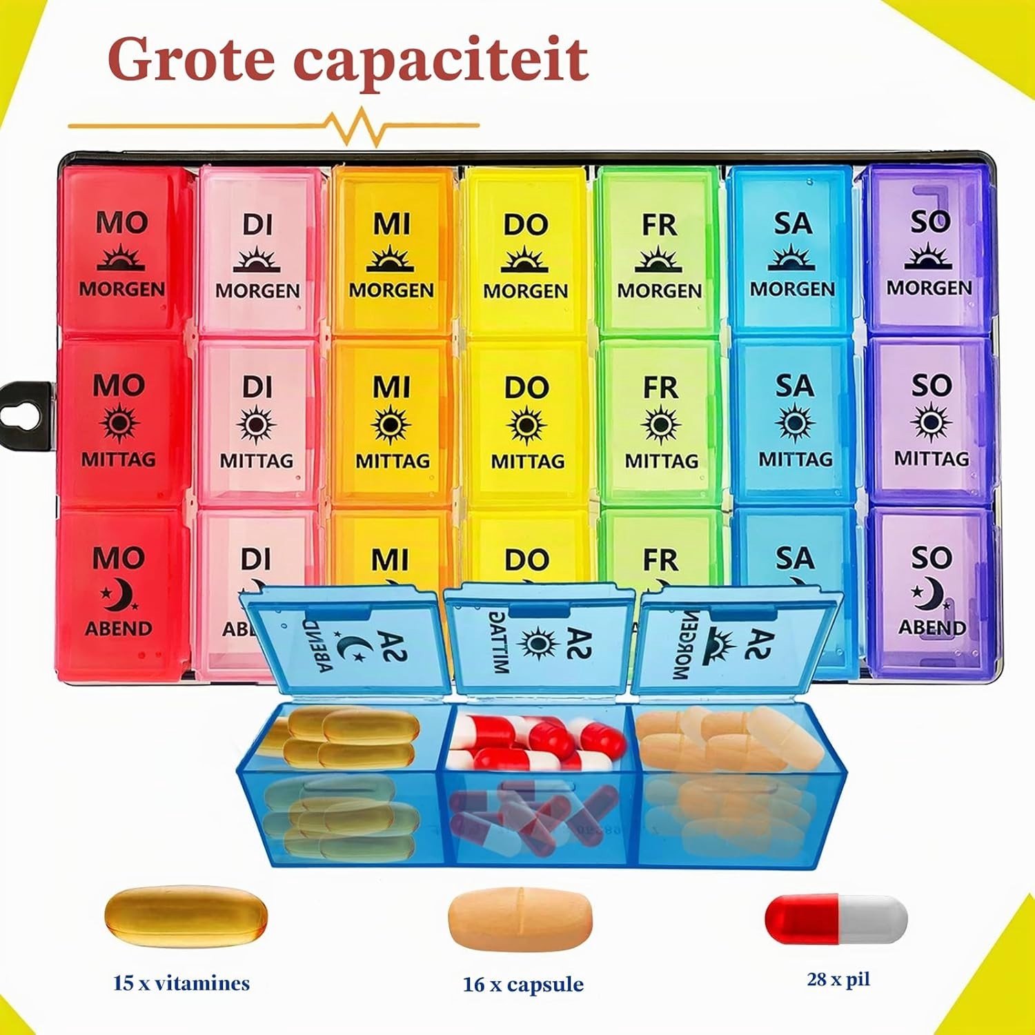 Weekly Pill Box met 7 Compartimenten voor Vitaminen, Tabletten en Visolie Organizer