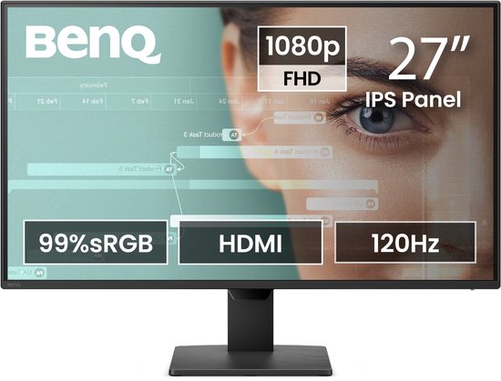 27-inch BenQ FHD IPS-monitor met 99% sRGB, HDMI-poort en 120Hz verversingssnelheid.