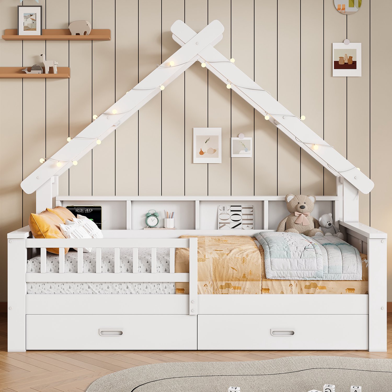 MUVANO Huisbed voor kinderen 90x200 cm - wit houten huisbed - kinderbed met ledverlichting - met uitvalbeveiliging, planken en 2 laden voor de kinderkamer