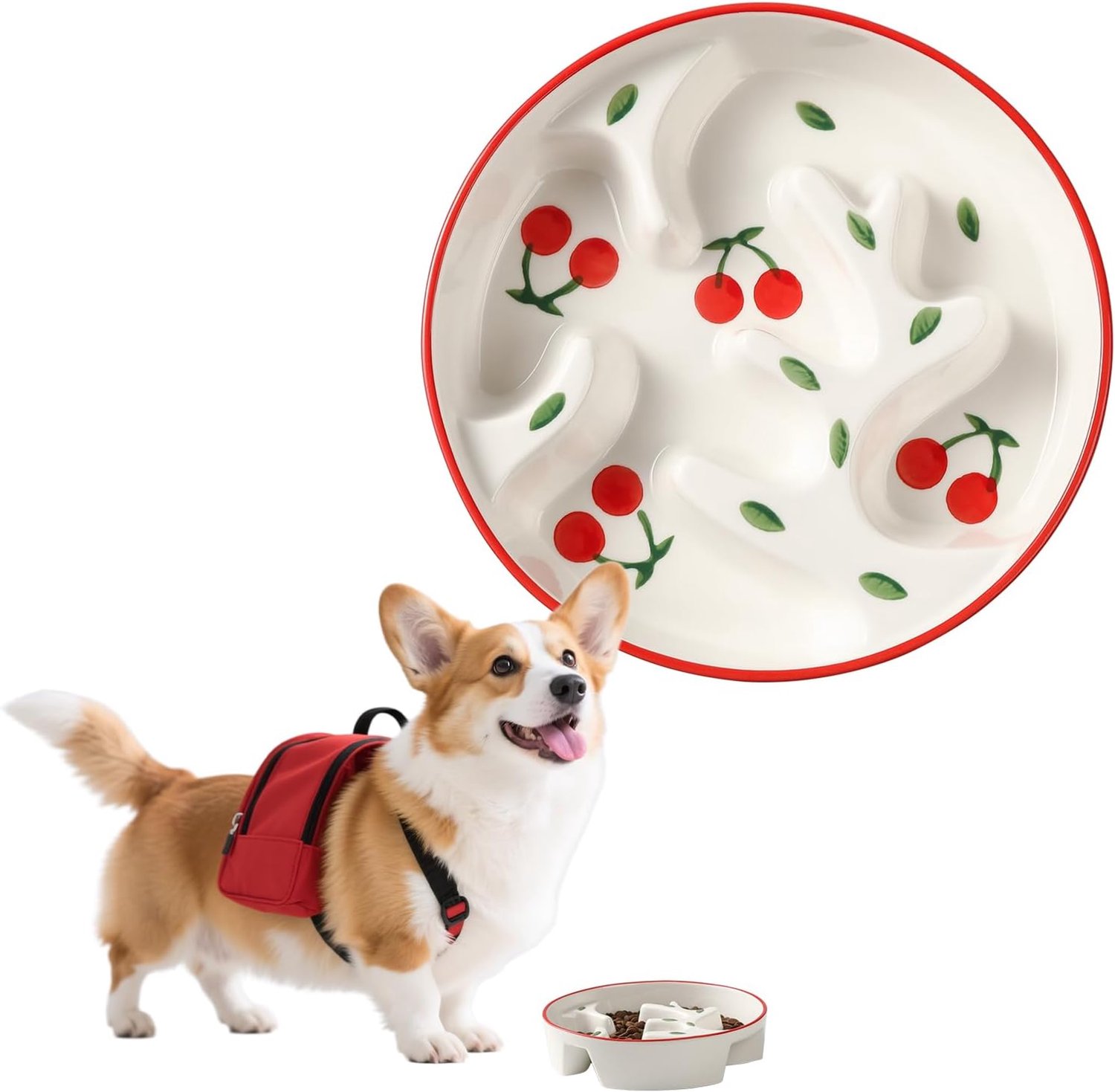 Famanu - Keramische anti-schrokbak voor honden, voedselbak met portiecontrole voor middelgrote en grote honden, langzame voeding, 310 g inhoud, met doodle-patroon (kers)
