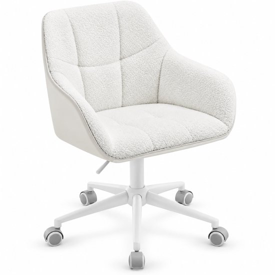 Witte Luxevo bureaustoel met bouclé zitting en armleuningen, met een witte poot met grijze wielen.