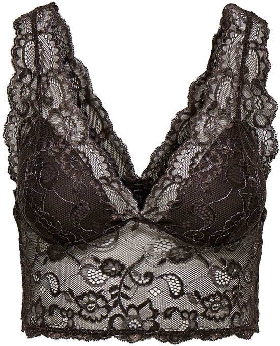 Zwarte kanten bustier met voorgevormde cups en een diepe V-hals.