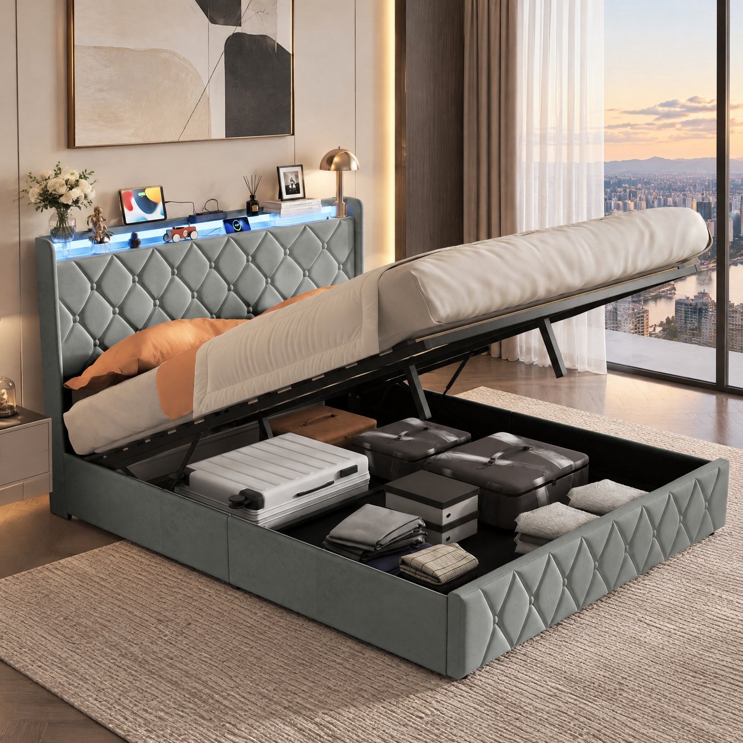 Opbergbed 160x200 cm met lattenbodem, led- en usb-aansluiting, Tweepersoonsbed 160x200 met opbergruimte, Gestoffeerd bedframe met hoofdbord, fluweel Grijs