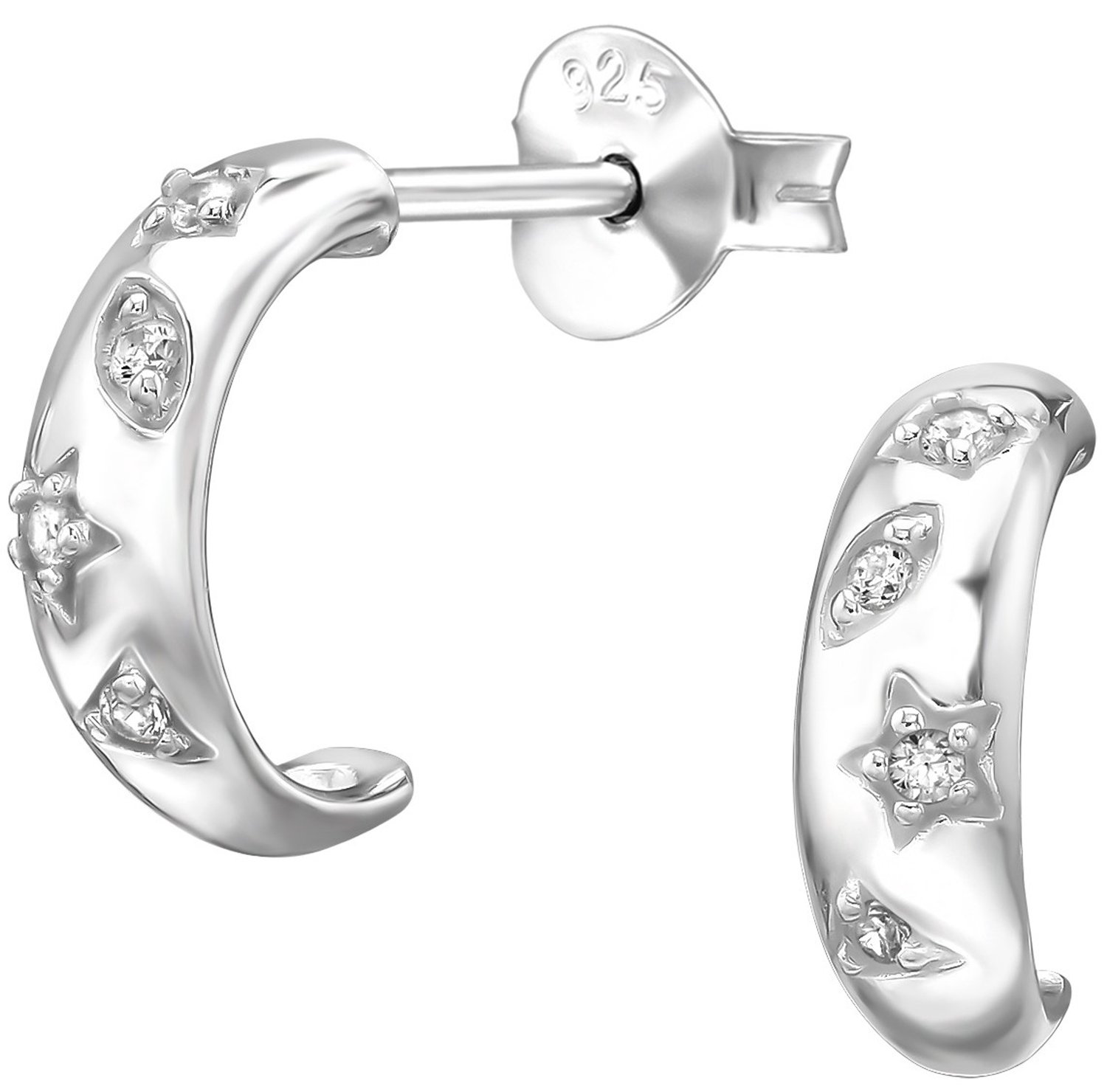Joy|S - Zilveren oorbellen - oorringen met zirkonia - 3.5 x 10.6 mm - halve maan oorringen met ster fantasie motief - sterling zilver 925 - dames oorbellen met vlindersluiting