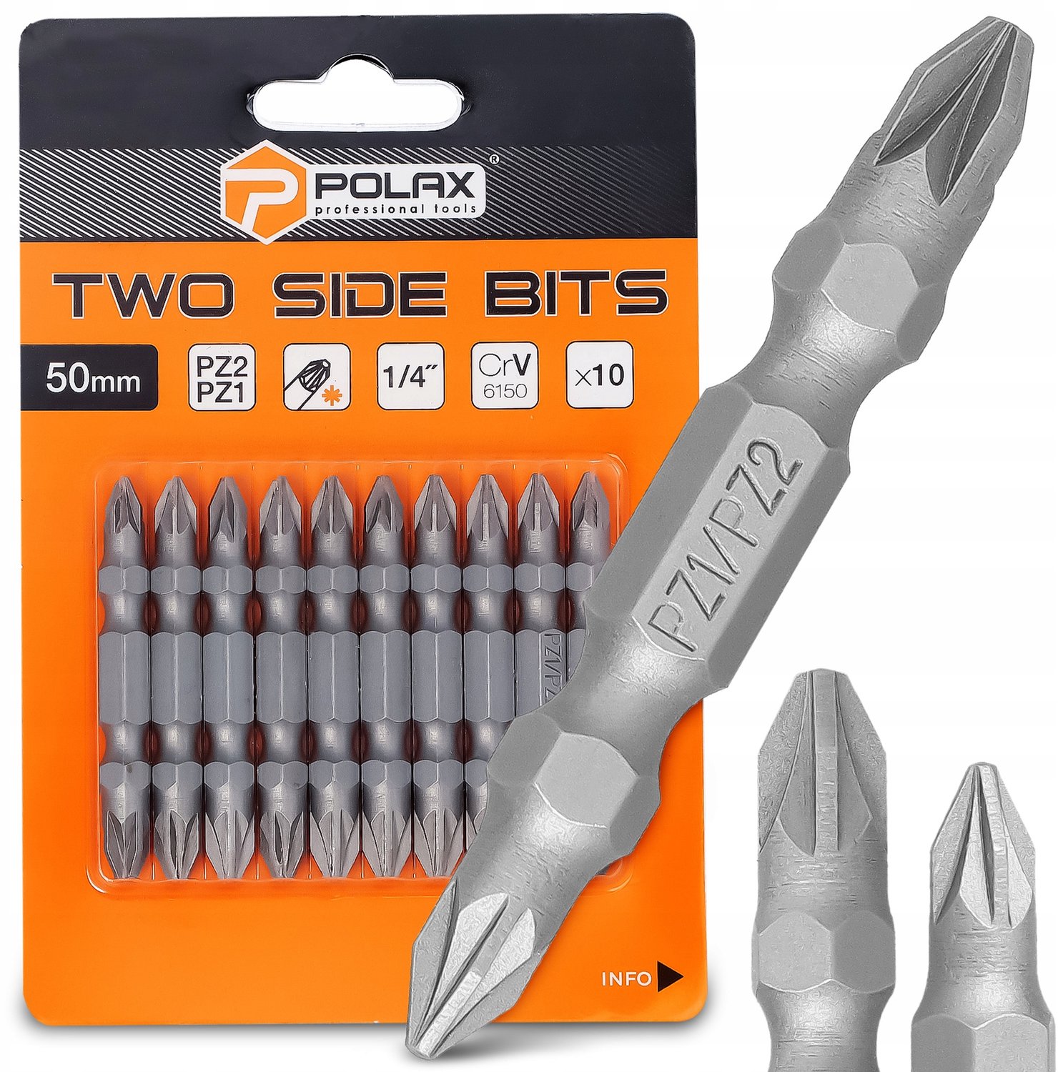10x Dubbelzijdige Bits PZ2/PZ1 50mm Magnetisch 1/4" V8