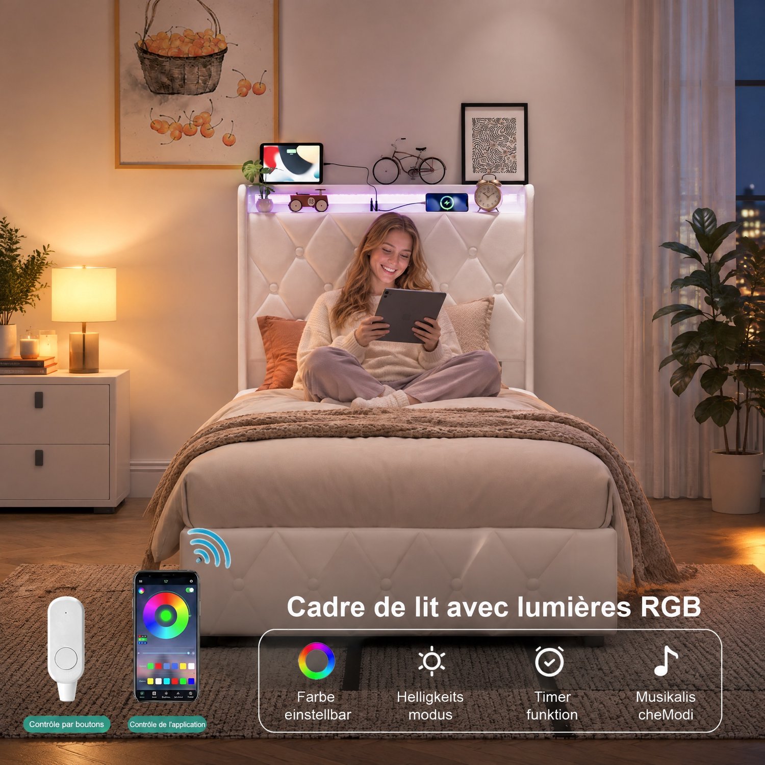 MEXUS Opbergbed 90x200 cm met lattenbodem, led- en usb-aansluiting, gestoffeerd Eenpersoonsbed met hydraulische opbergruimte, gecapitonneerd 2-zitsbedframe met hoofdbord en open planken (Flanel Beige)