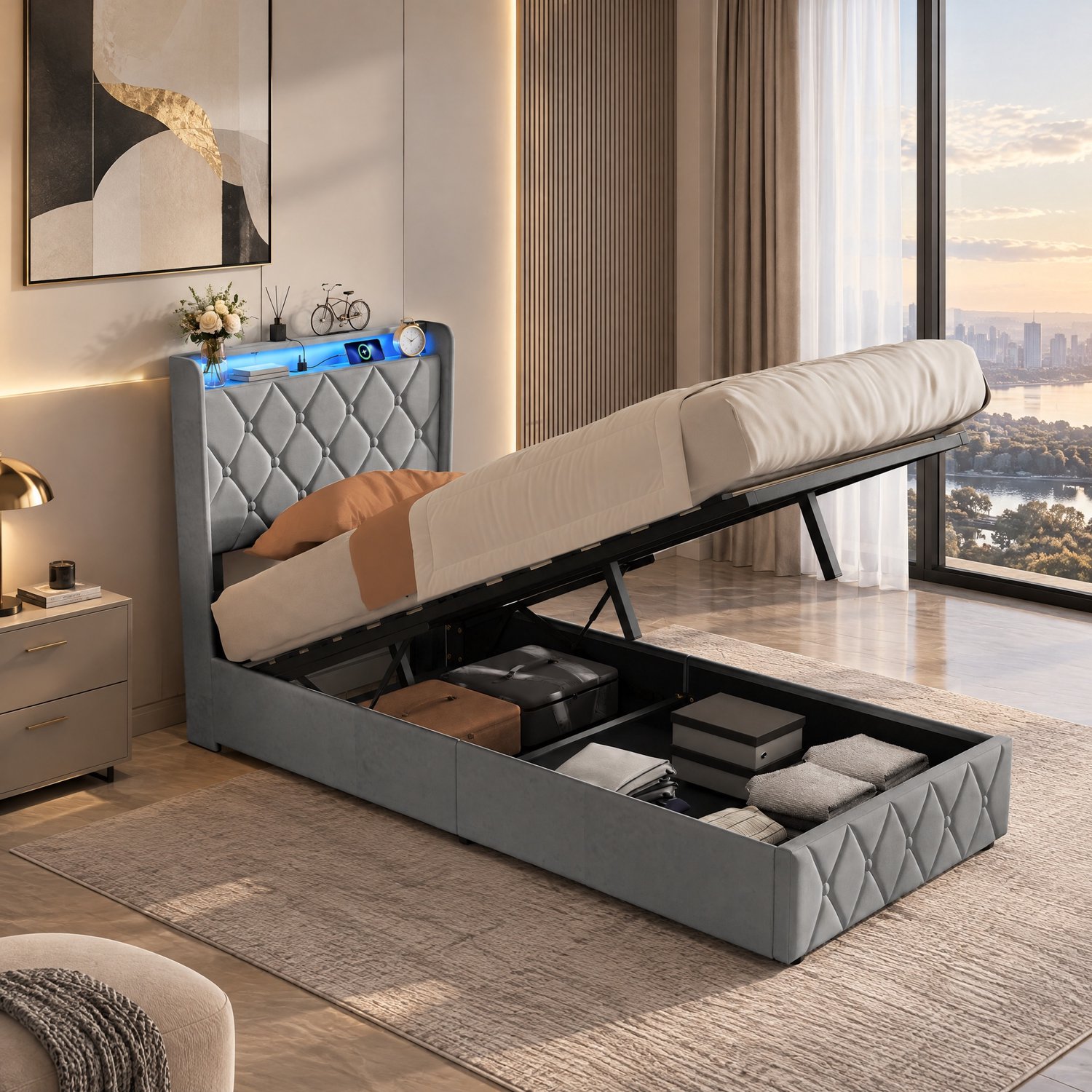 MEXUS Opbergbed 90x200 cm met lattenbodem, led- en usb-aansluiting, gestoffeerd Eenpersoonsbed met hydraulische opbergruimte, gecapitonneerd 2-zitsbedframe met hoofdbord en open planken (Flanel Grijs)