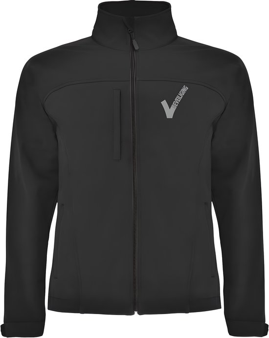 Zwarte softshell jas met rits en grijs 'V BEVEILIGING' logo op de borst.