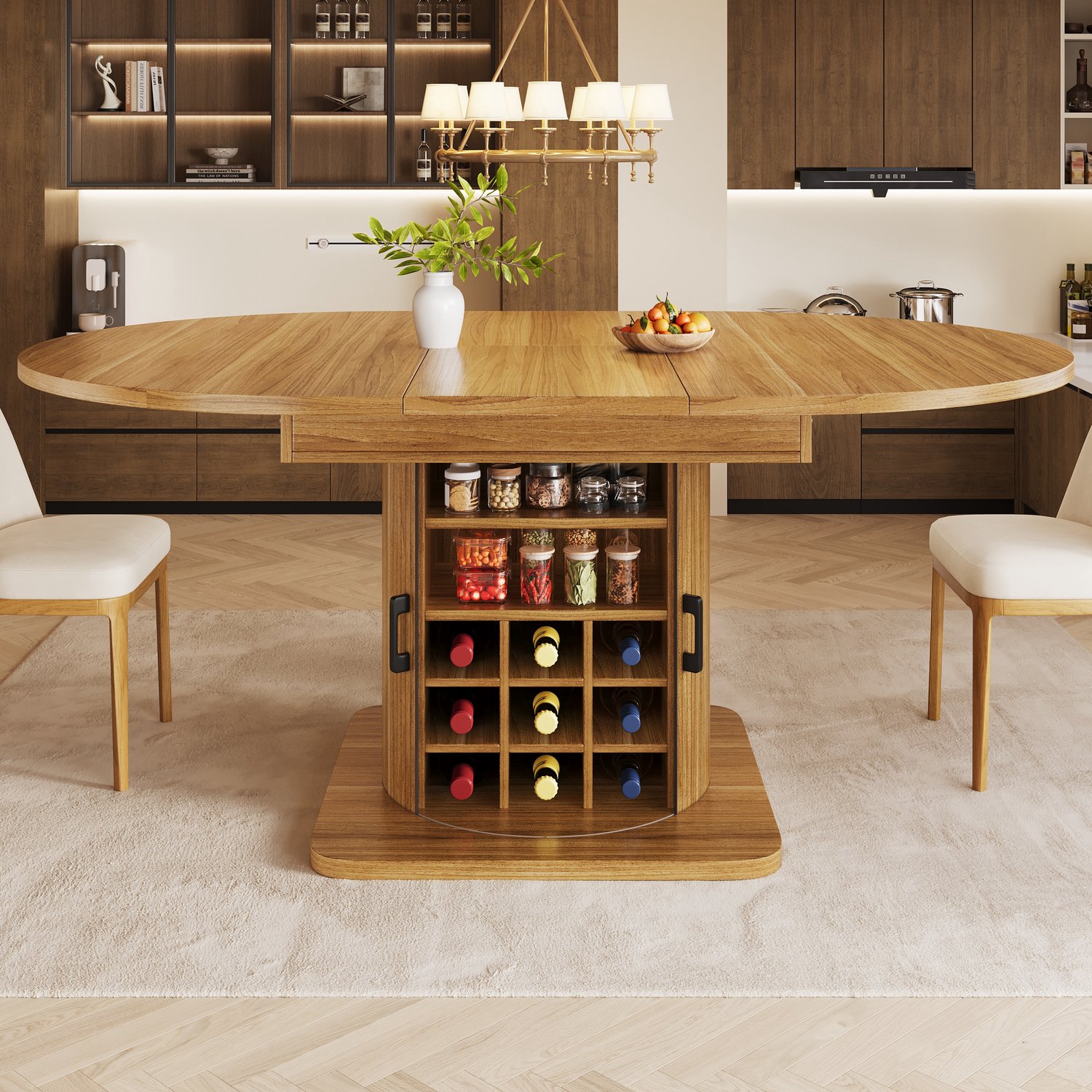 Clruro Eettafel - 118–158×118×76 cm - Uitschuifbaar - Opbergruimte - MDF/Metaal - Donkerbruin