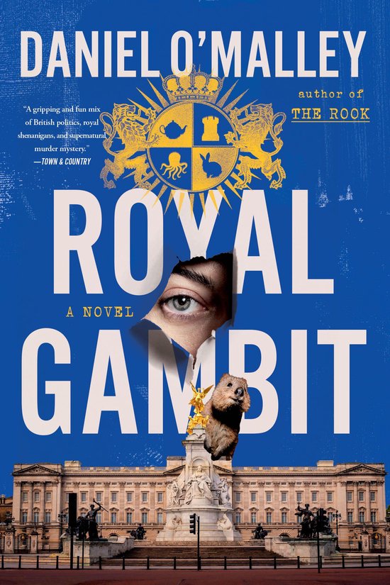 Boekcover 'Royal Gambit' met gezicht, quokka en Buckingham Palace. "A gripping and fun mix of British politics, royal shenanigans, and supernatural murder mystery."