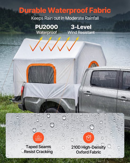 VEVOR Opblaasbare Campingtent voor De Laadbak van een Pick-Up 219 X 165 X 183 cm, Waterdichte Tent (PU2000 mm) met Geventileerde Gaasramen, Ideaal voor Kamperen, Wandelen en Andere Buitenactiviteiten, Inclusief Luchtpomp — afbeelding 4