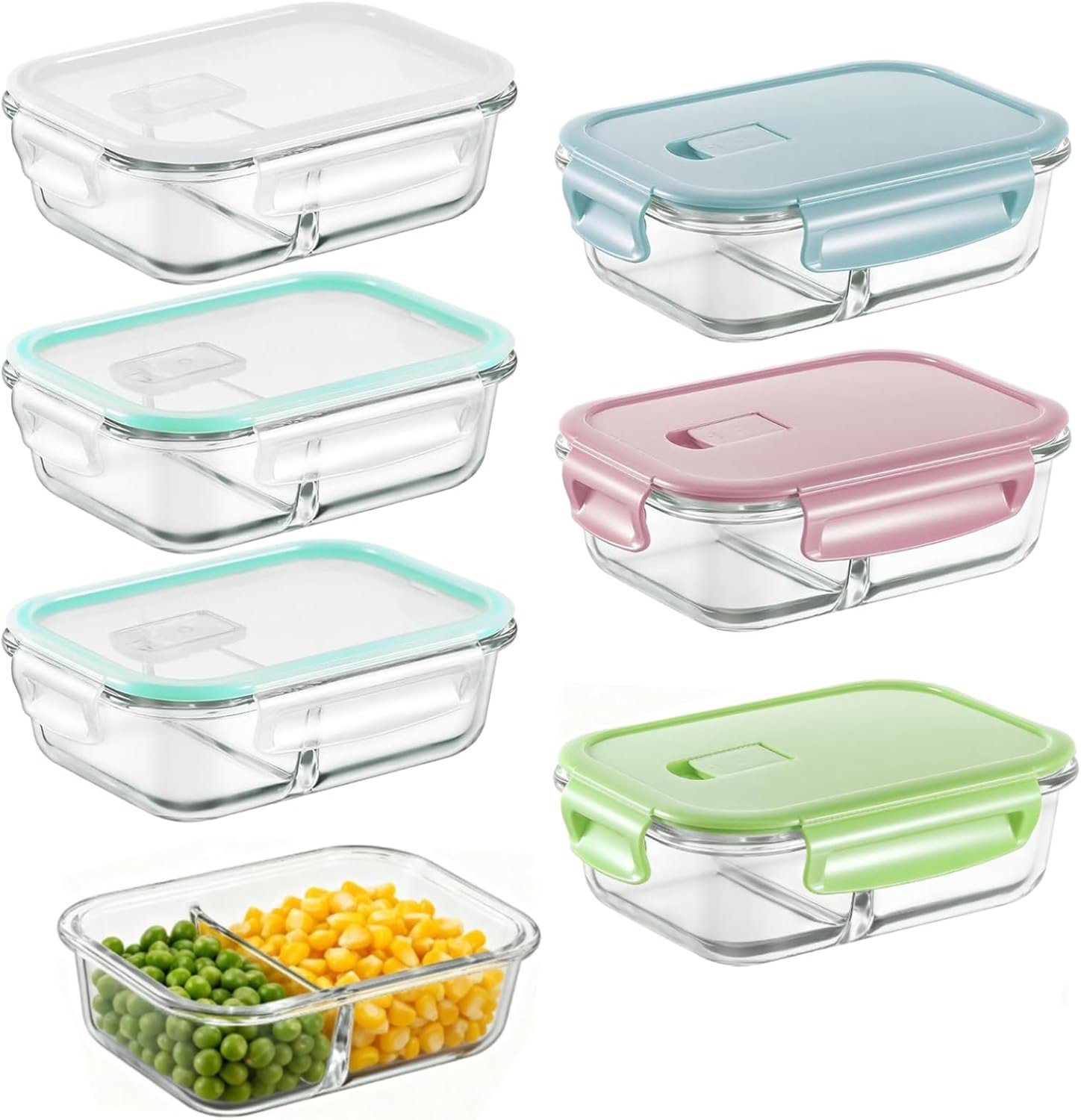 Famanu - Glascontainer 640 ml met 2 vakken - houdt voedsel vers en veilig - uitlaufsicher met kliksluiting - transparant 2 stuks