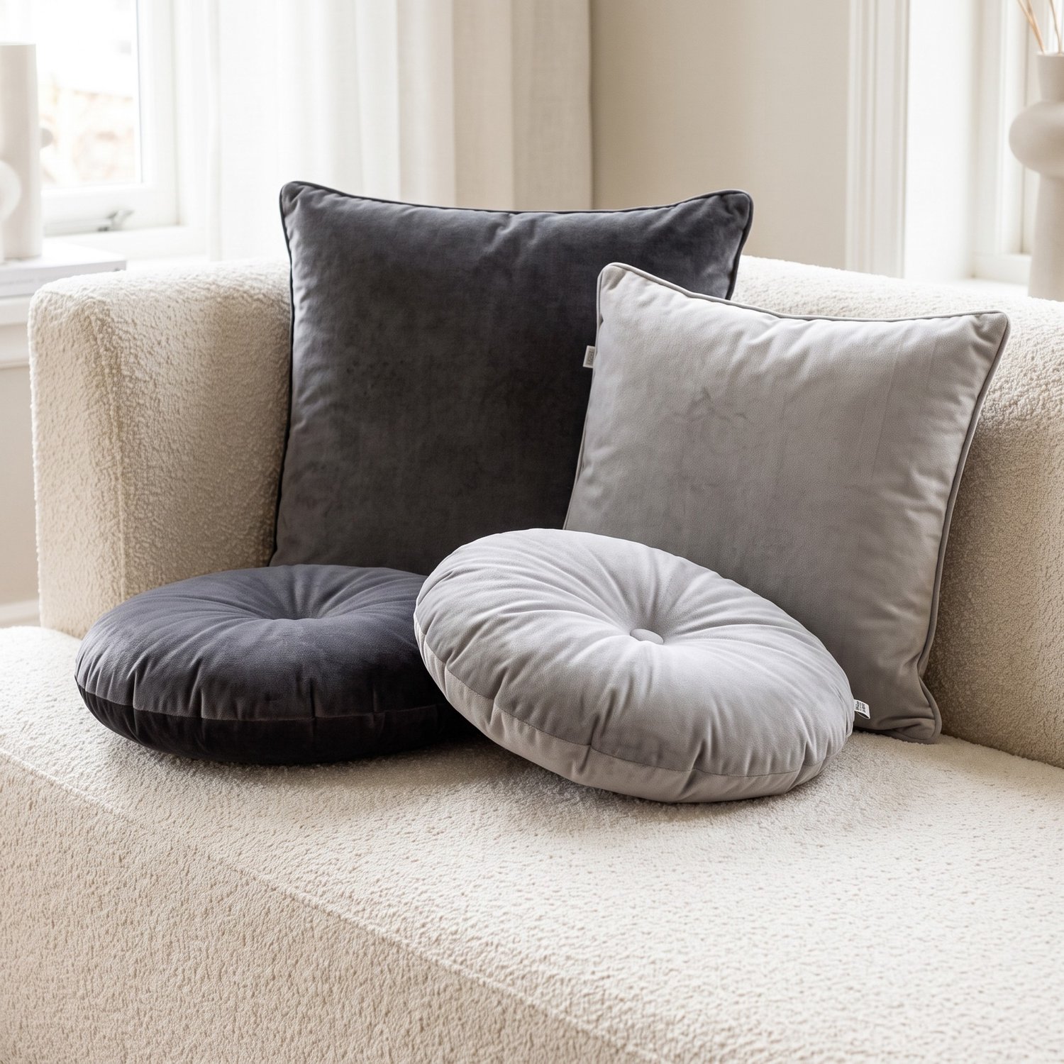 Dutch Decor KUSSENSET - 4-delig - Velvet Shapes - 45x45 cm en Ø38 cm - inclusief binnenkussens - antraciet, grijs - Met Ritssluiting – Decoratie set sierussens - Comfortabele kussentjes voor op de Bank