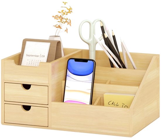 Bureau-organizer - Bamboe opbergdoos met lade - Pennenhouder - Naturel - 33 x 20,5 x 15,5 cm — cadeau in Wonen & Interieur - foto 4