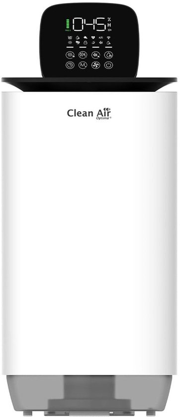 Witte luchtreiniger met zwart digitaal bedieningspaneel en het logo 'Clean Air Optima'.