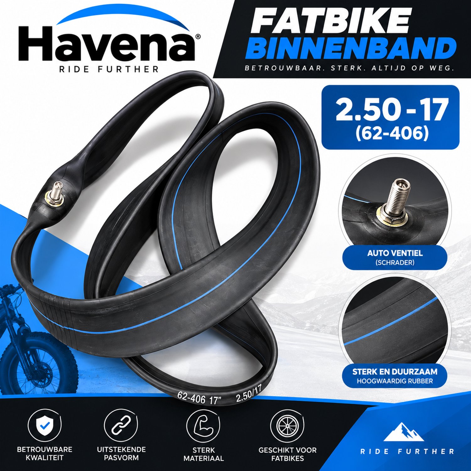 Fatbike Binnenband 2.50-17 (62-406) – Ultra Skinny – Binnenband met Autoventiel – Schrader Ventiel – Zwart - Voor de skinny V20 en Skinny V8 Ultra