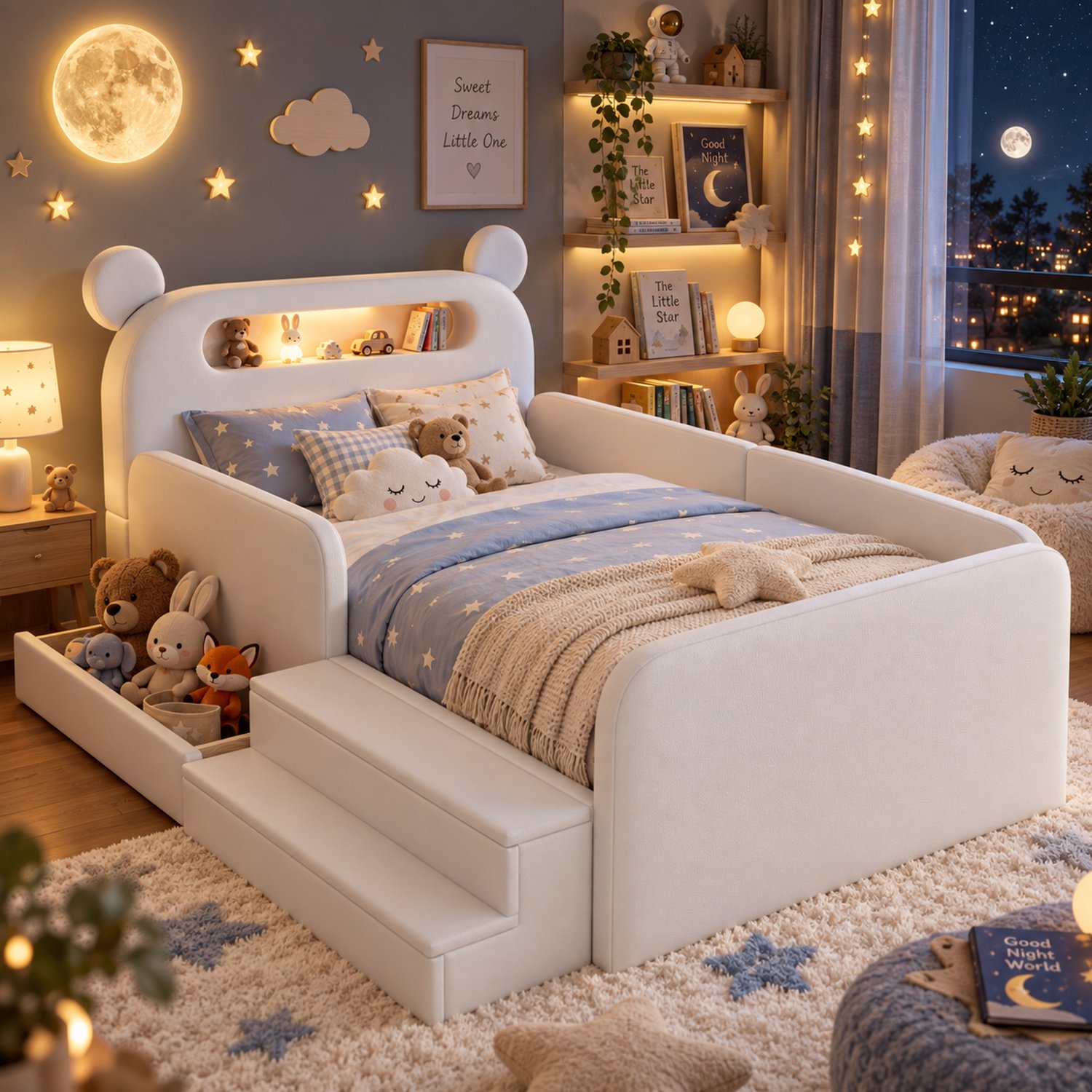 Welltin Kinderbed 90x200 cm - Eenpersoonsbed - Gestoffeerd bed - Multifunctioneel bed - Vloerbed - Met nachtlampje - Met USB-oplaadpoort - Met opbergvak - Veilig en comfortabel - Wit