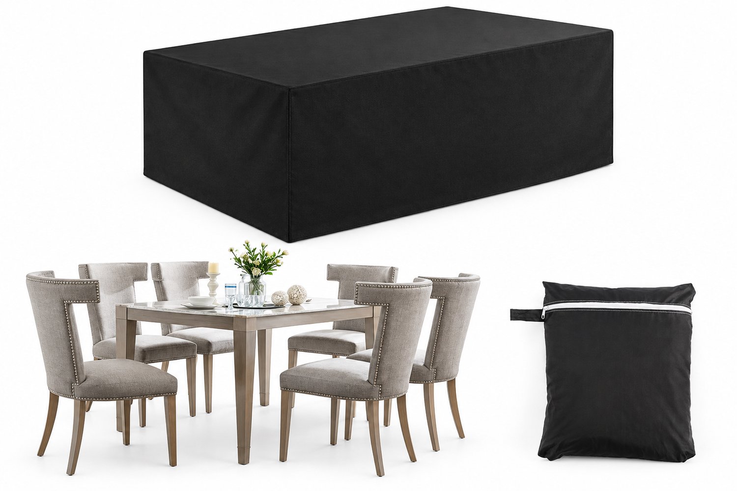 KCVV tuinmeubelhoes - 420d oxford beschermhoes voor tuintafel en stoelen - waterdicht en stofdicht - met trekkoord en opbergtas - 240 x 140 x 90 cm - zwart - 1 stuk