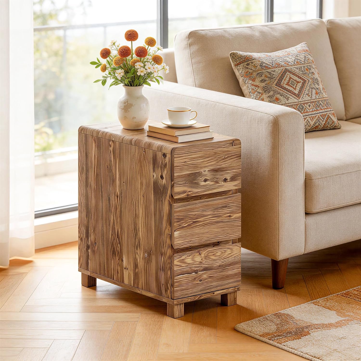 Tribesigns massief hout Bijzettafel - Sidetable mit 3 lades voor Woonkamer- geschikt als dressoir en nachtkastje, voor Woonkamer, Thuiskantoor - 30×60×65 cm - bruin