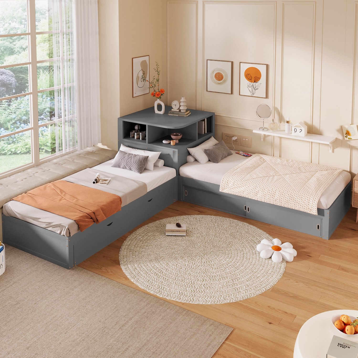 MUVANO L-vormig bed 90x200 cm - platformbed met uitschuifbed - opbergruimte met schuifdeuren - geïntegreerde nachtverlichting - grijs MDF en grenenhout