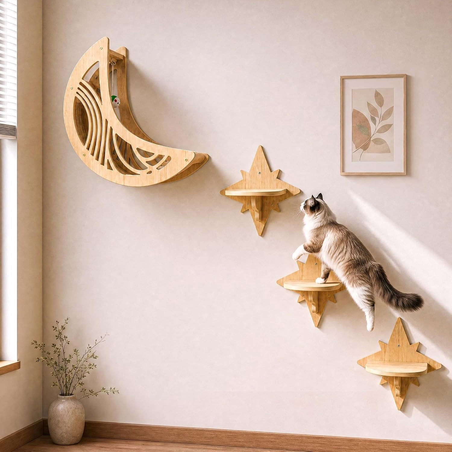Kattenwandmeubel Set: Maan Hangmat & Sterren Planken | Houten Kattenhangmat met Krabpaal & Speeltje | Muurbevestiging | Draagkracht tot 10 kg | Ruimtebesparend